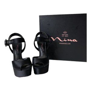 Nina Pangea Satin Black Platform Sandal Size 7